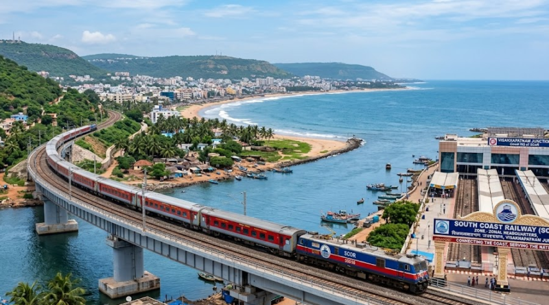 Coastal railway crossing a bridge