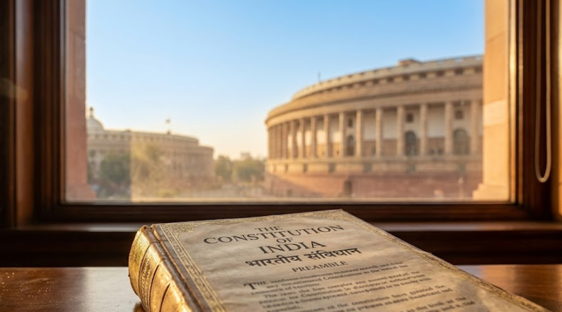 Constitution with Indian Parliament in the background